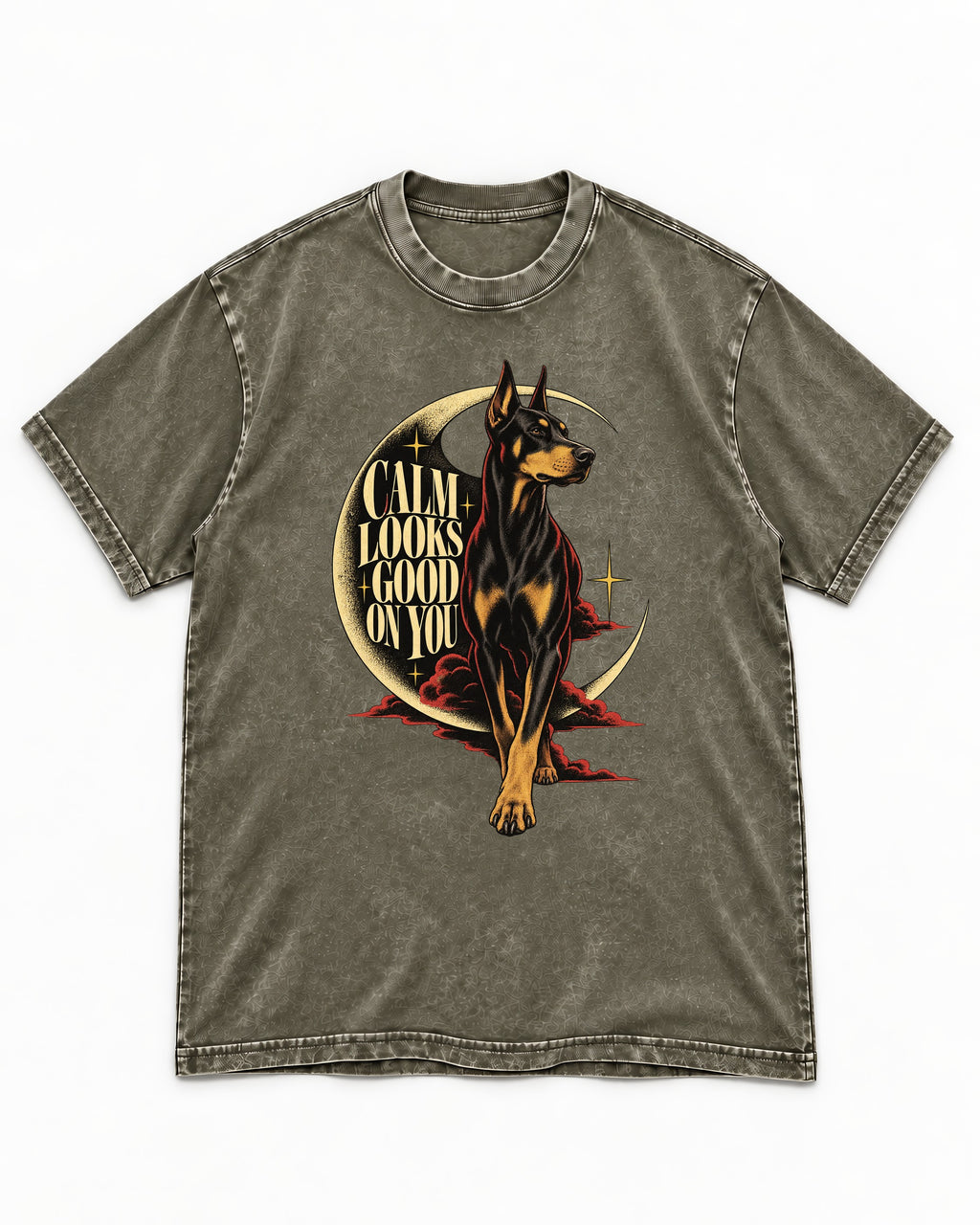 Doberman Calm Looks Good on You Crescent Graphic Washed Tee in Army Green, flat lay product photo