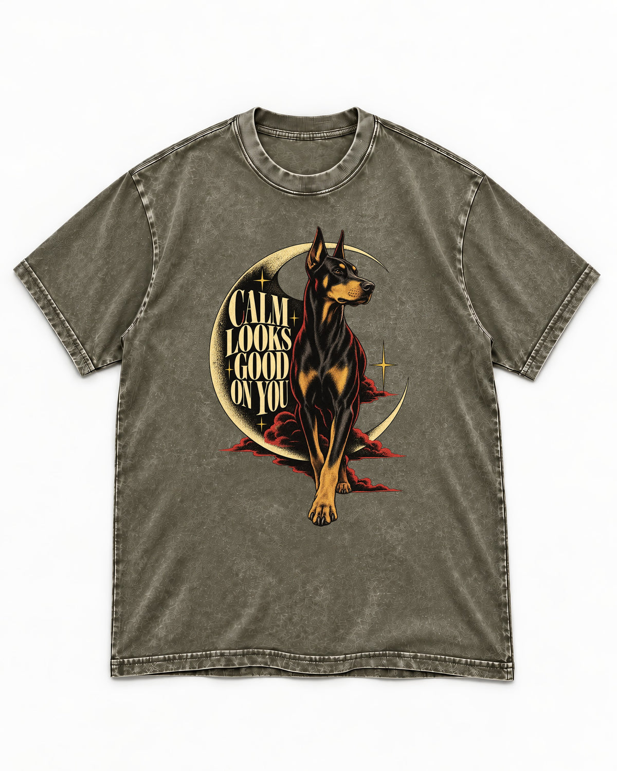 Doberman Calm Looks Good on You Crescent Graphic Washed Tee in Army Green, flat lay product photo