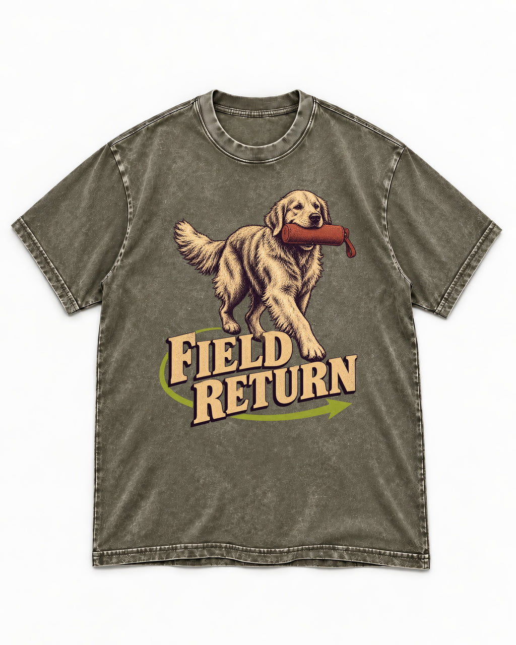 Golden Retriever Field Return Training Dummy Graphic Washed Tee in Army Green, flat lay product photo