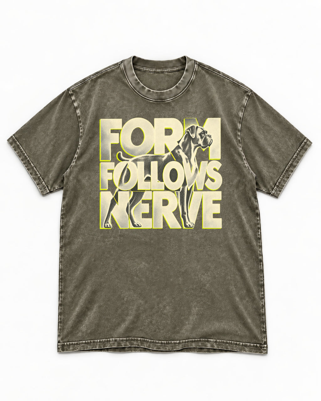 Form Follows Nerve Boxer Typography Washed Tee in Army Green, flat lay product photo