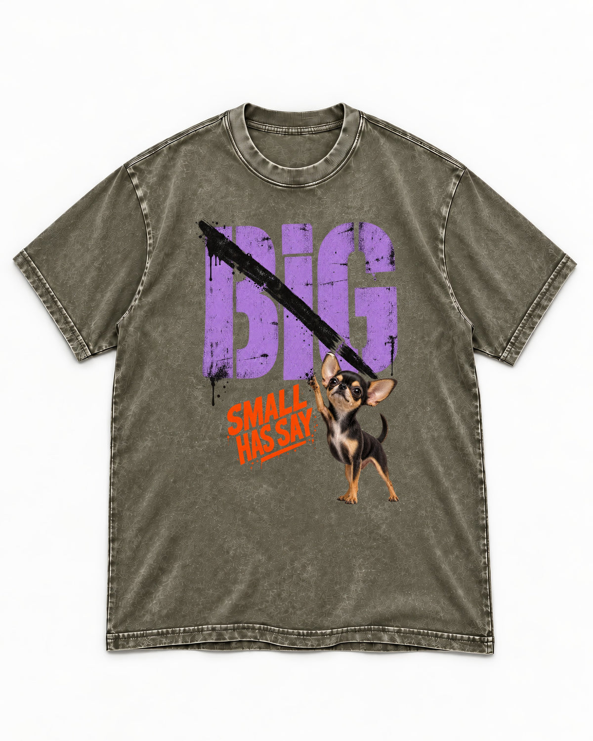 Chihuahua Big Small Has Say Diagonal Slash Graphic Washed Tee in Army Green, flat lay product photo
