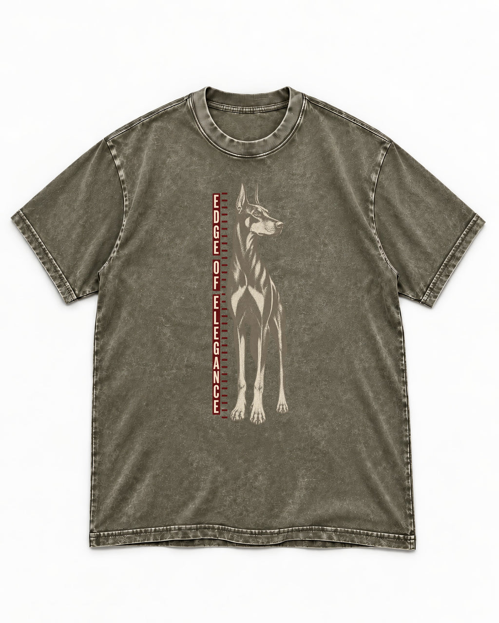 Doberman Edge of Elegance Height Chart Graphic Washed Tee in Army Green, flat lay product photo