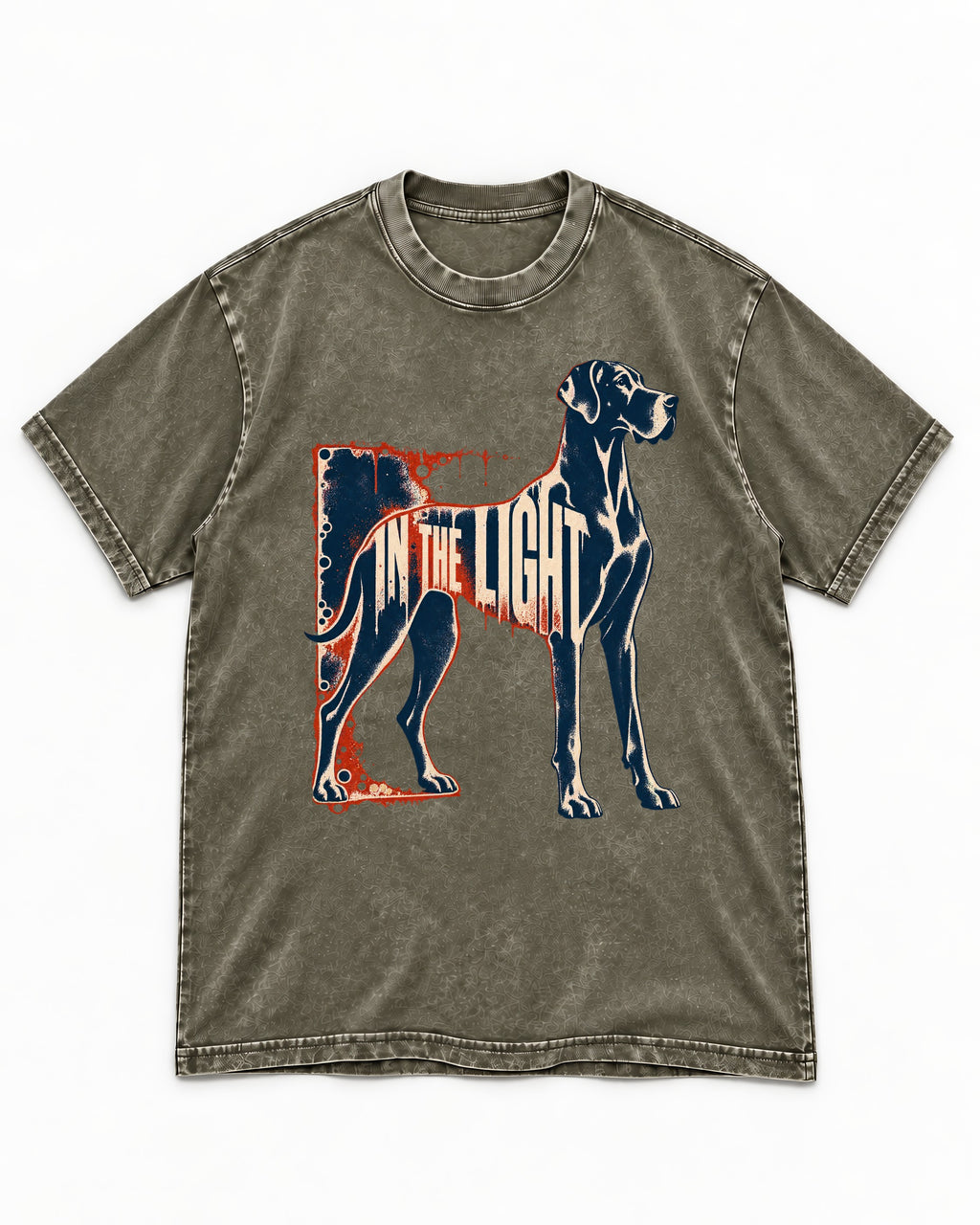 Great Dane In the Light Industrial Frame Graphic Washed Tee in Army Green, flat lay product photo
