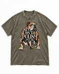 English Bulldog Don't Polish Away the Soul Typography Graphic Washed Tee in Army Green, flat lay product photo