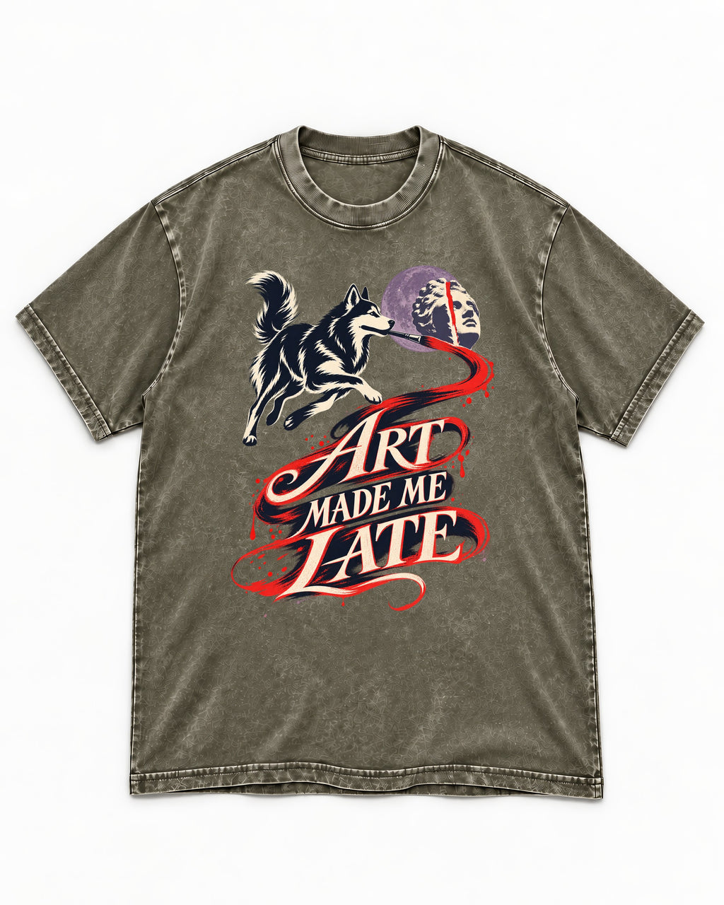 Husky Art Made Me Late Paintbrush Graphic Washed Tee in Army Green, flat lay product photo