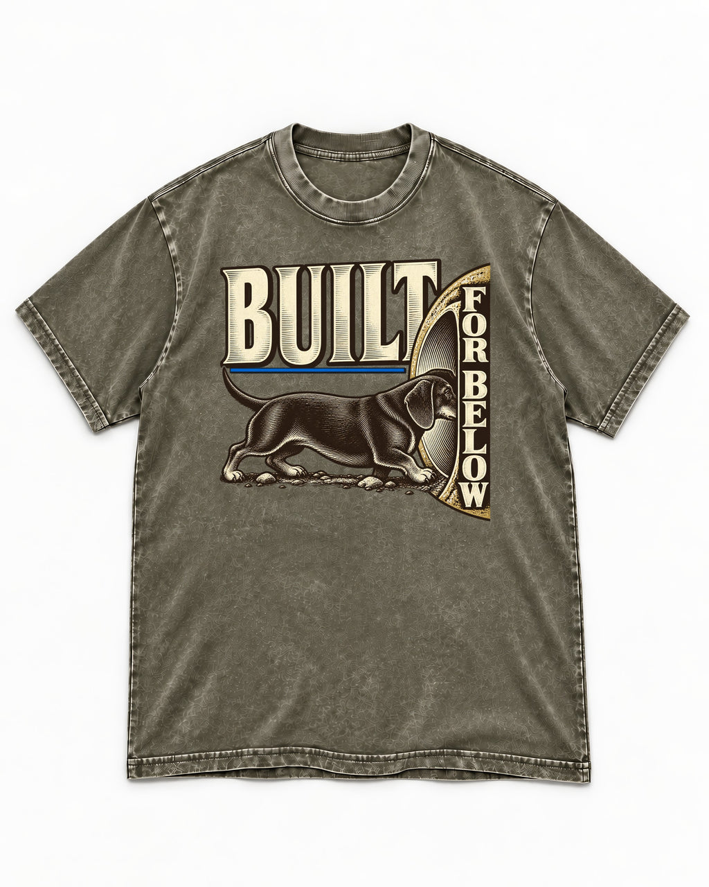 Dachshund Built for Below Vintage Burrow Graphic Washed Tee in Army Green, flat lay product photo