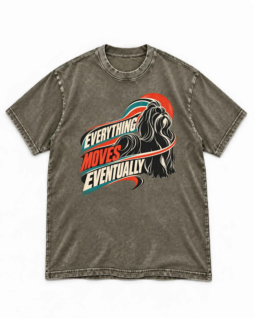 Shih Tzu Everything Moves Eventually Retro Speed Graphic Washed Tee in Army Green, flat lay product photo