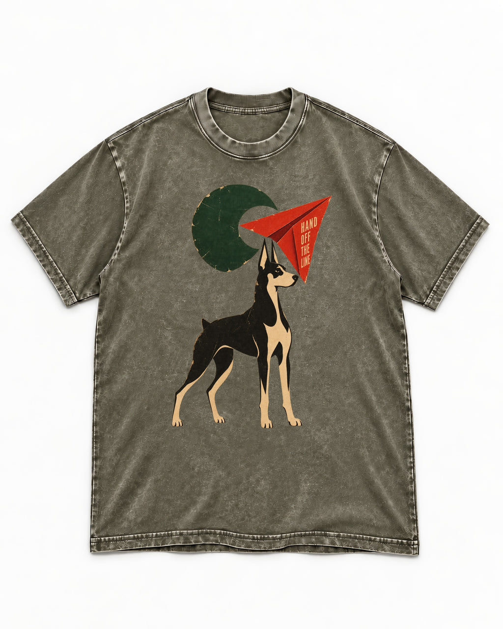 Doberman Hand Off the Line Paper Plane Graphic Washed Tee in Army Green, flat lay product photo
