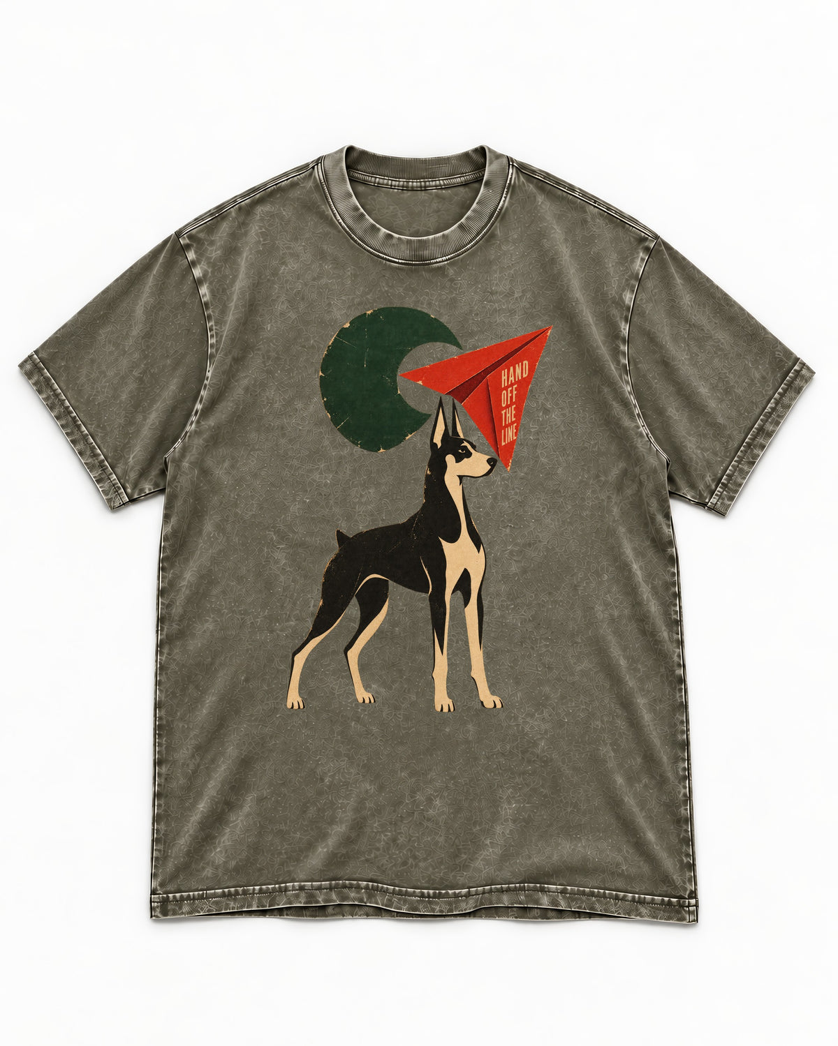 Doberman Hand Off the Line Paper Plane Graphic Washed Tee in Army Green, flat lay product photo