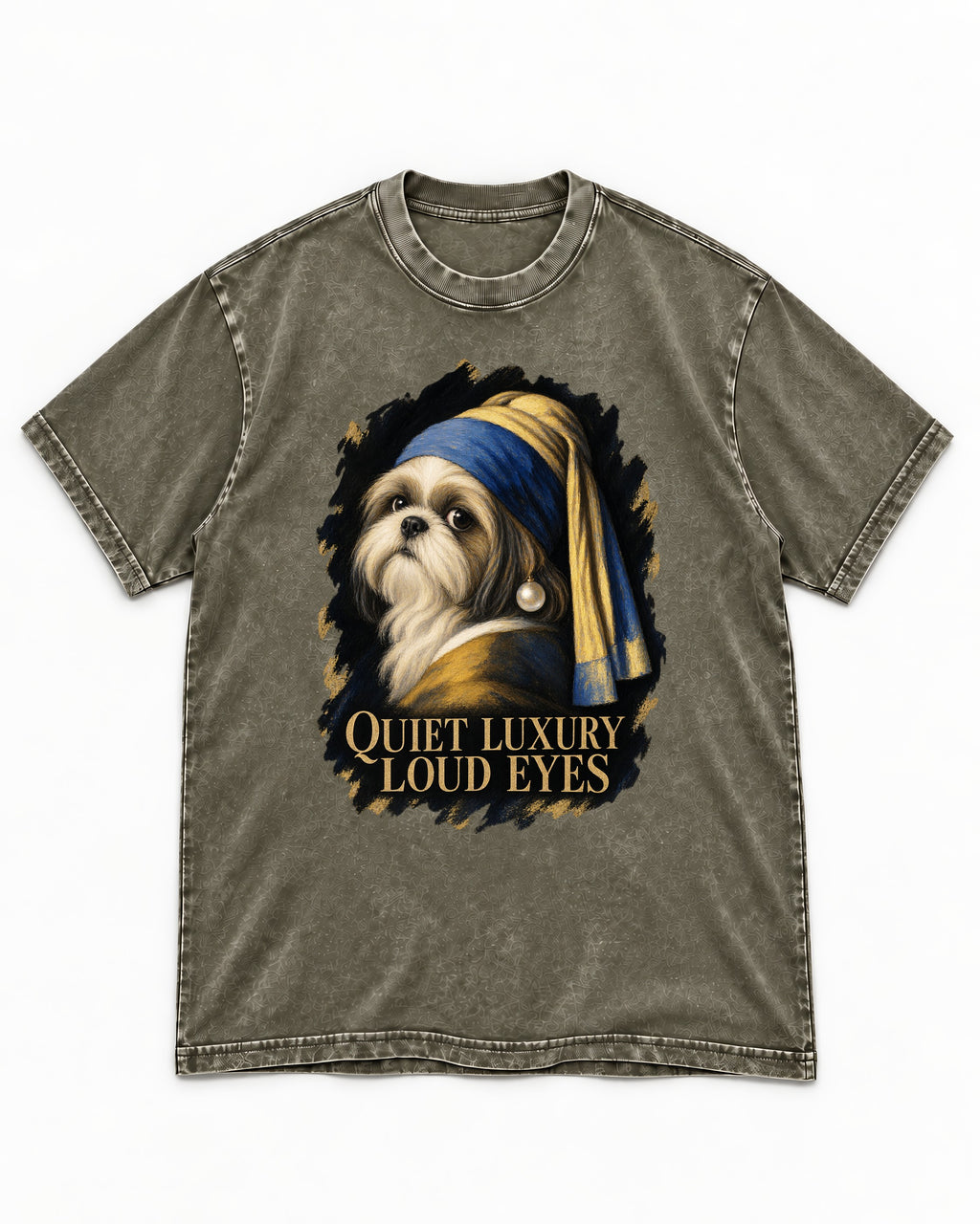 Shih Tzu Quiet Luxury Loud Eyes Pearl Portrait Graphic Washed Tee in Army Green, flat lay product photo