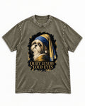 Shih Tzu Quiet Luxury Loud Eyes Pearl Portrait Graphic Washed Tee in Army Green, flat lay product photo