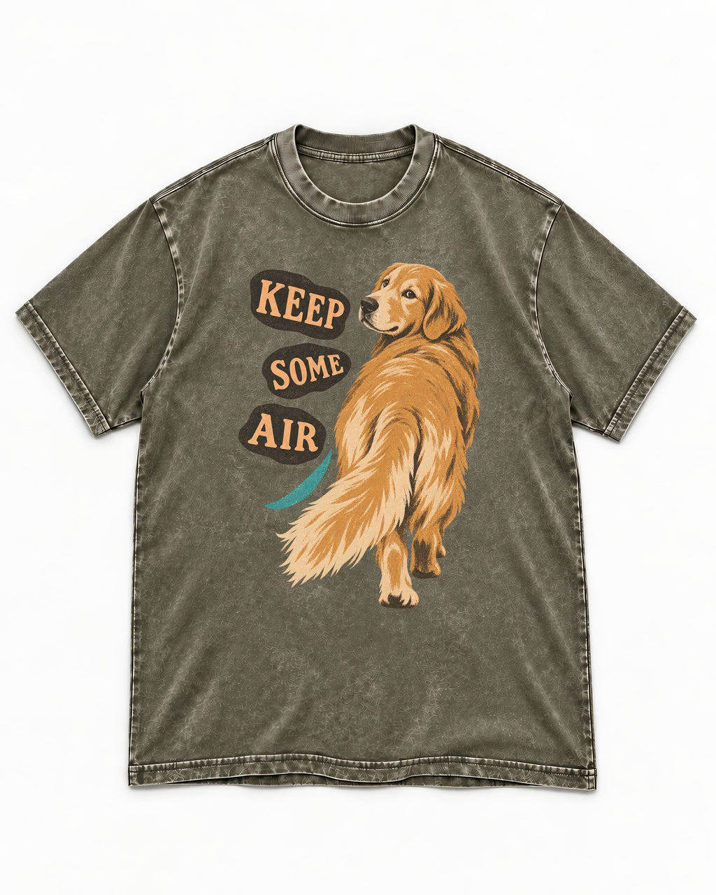 Golden Retriever Keep Some Air Looking Back Graphic Washed Tee in Army Green, flat lay product photo