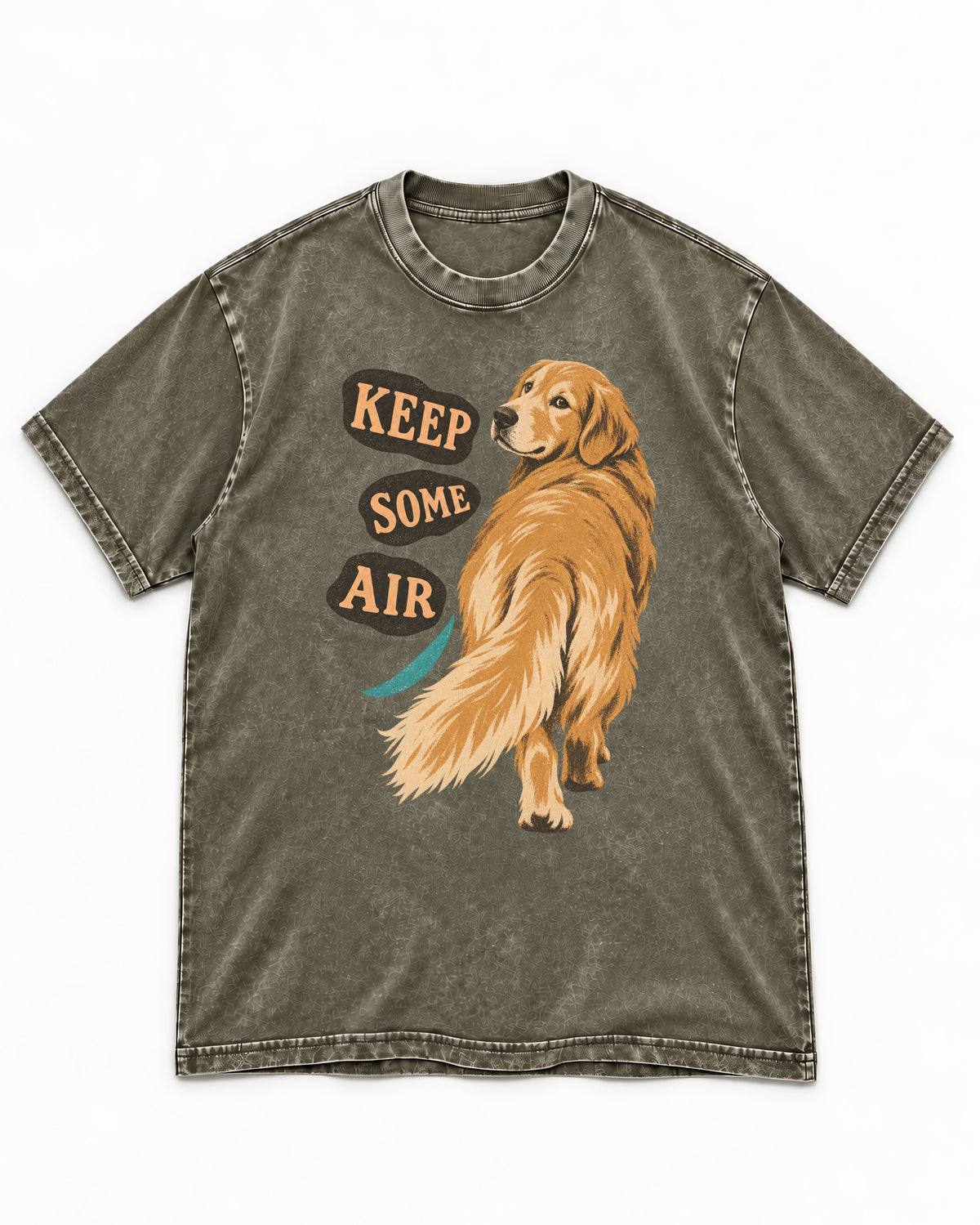 Golden Retriever Keep Some Air Looking Back Graphic Washed Tee in Army Green, flat lay product photo