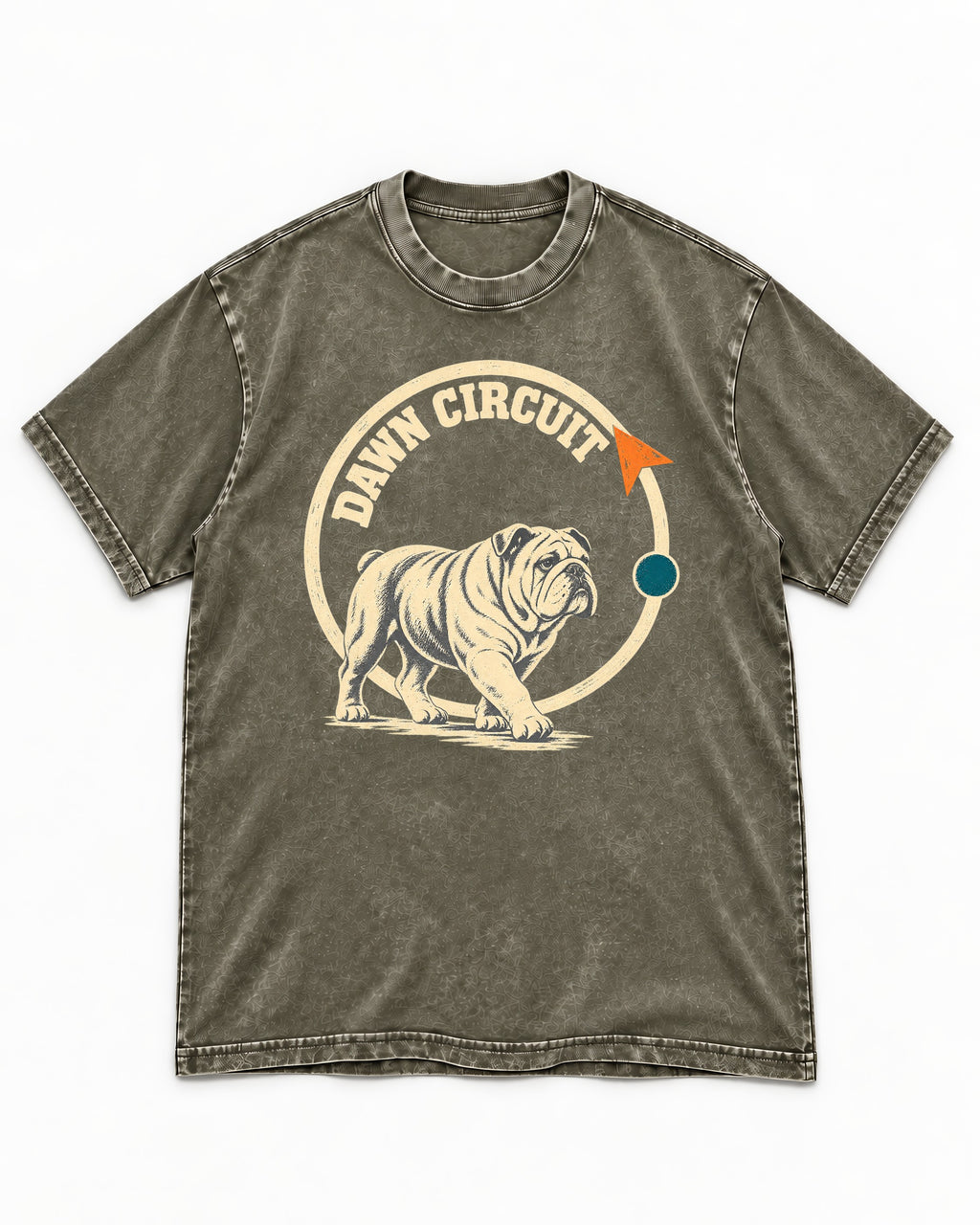 English Bulldog Dawn Circuit Emblem Washed Tee in Army Green, flat lay product photo
