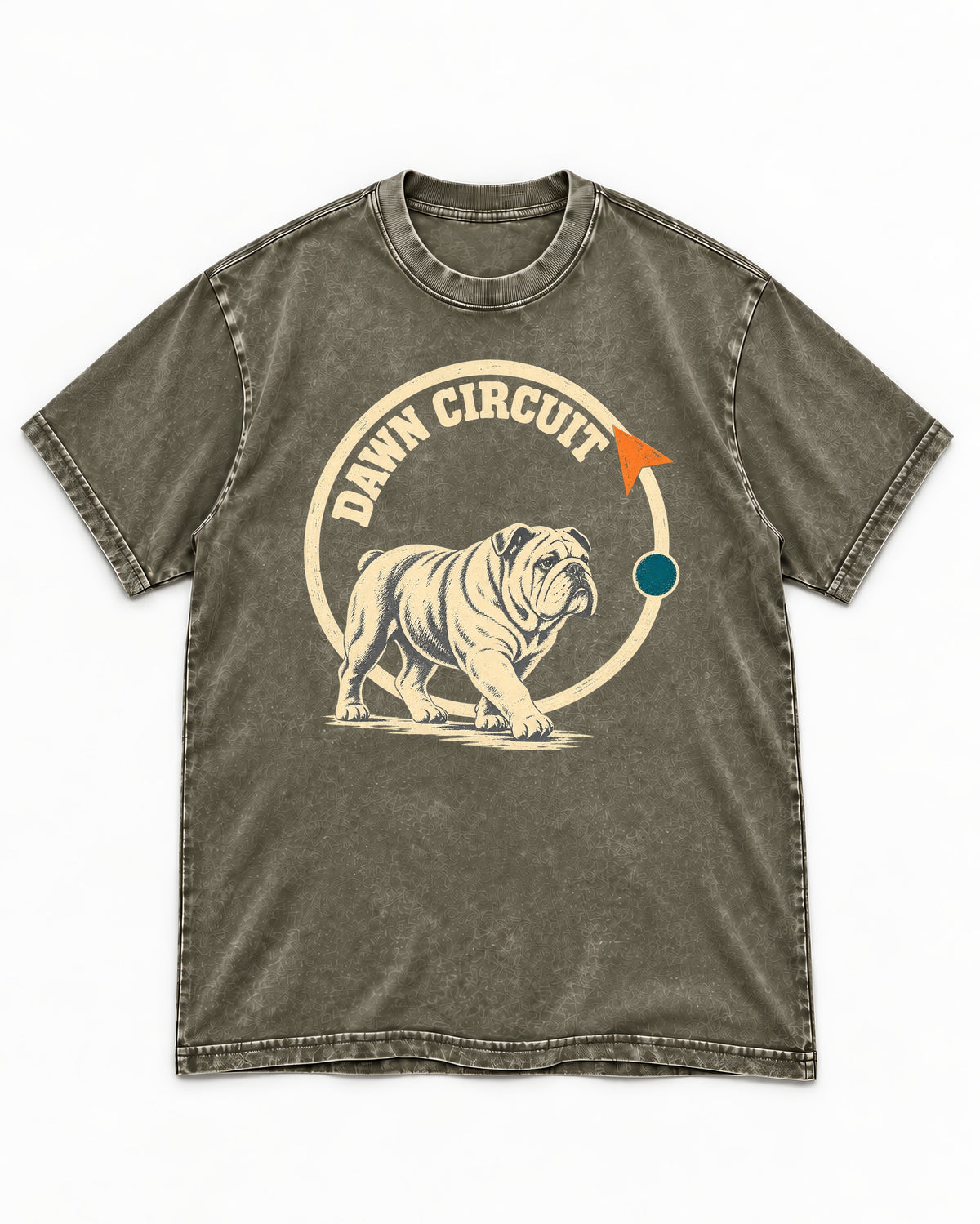 English Bulldog Dawn Circuit Emblem Washed Tee in Army Green, flat lay product photo