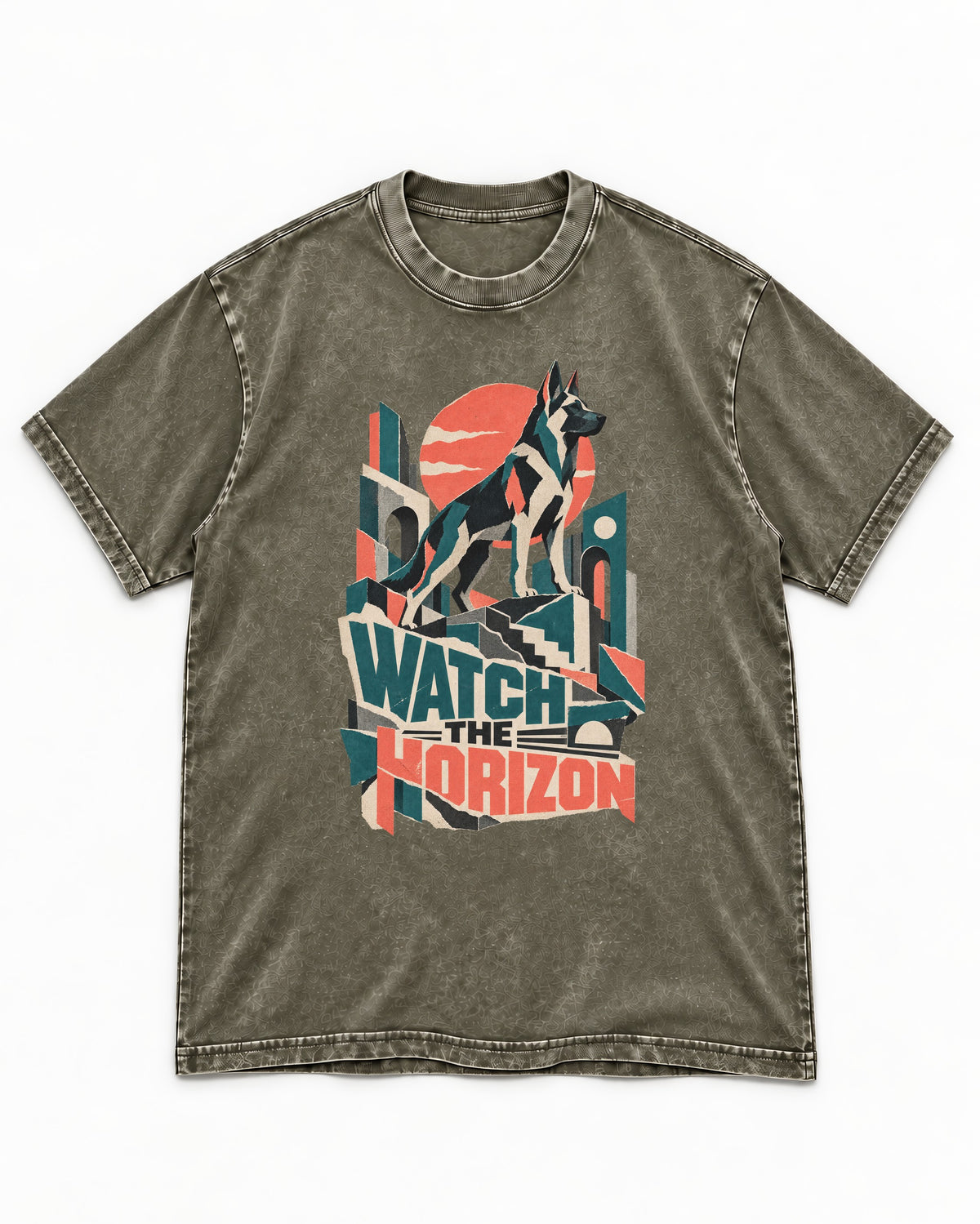 Watch The Horizon Cut Paper Cityscape German Shepherd Dog Graphic Washed Tee in Army Green, flat lay product photo