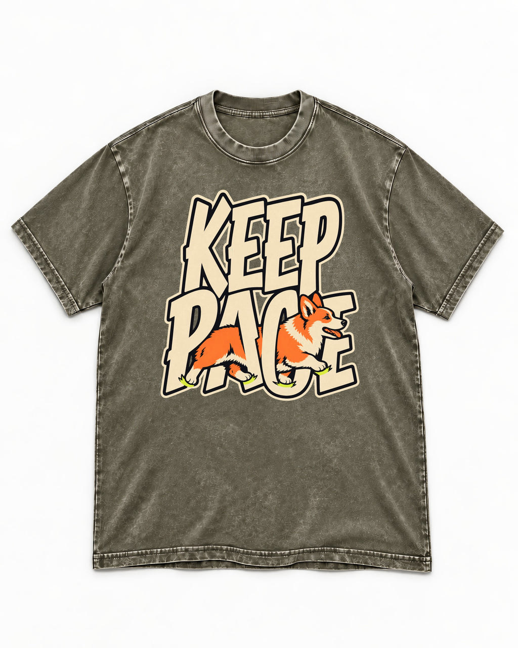 Corgi Keep Pace Running Typographic Graphic Washed Tee in Army Green, flat lay product photo