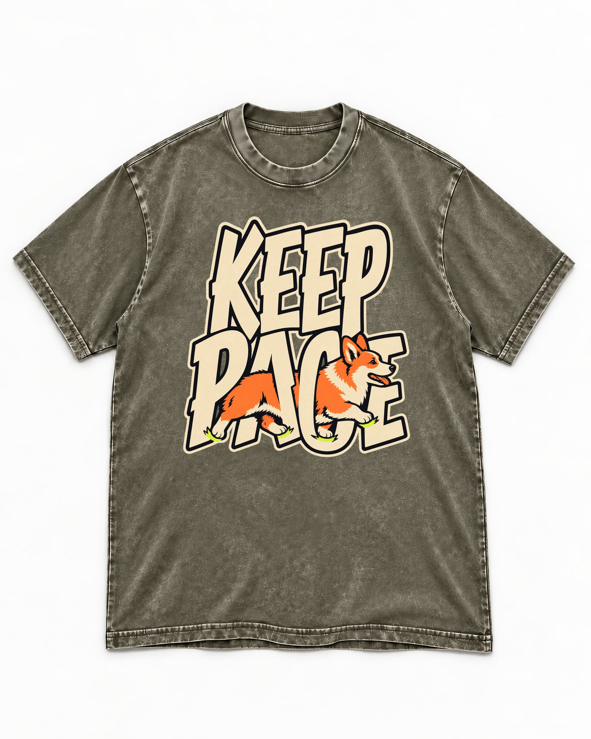 Corgi Keep Pace Running Typographic Graphic Washed Tee in Army Green, flat lay product photo
