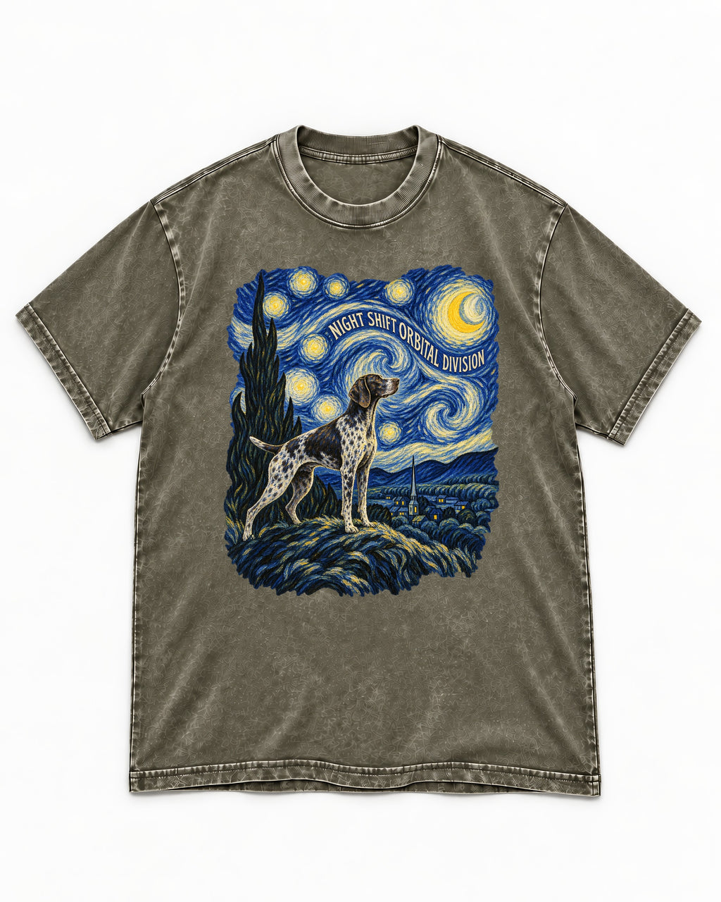 German Shorthaired Pointer Night Shift Orbital Division Starry Night Graphic Washed Tee in Army Green, flat lay product photo
