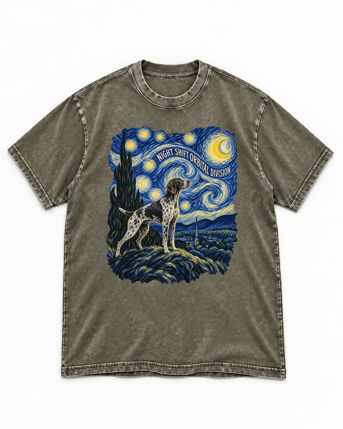 German Shorthaired Pointer Night Shift Orbital Division Starry Night Graphic Washed Tee in Army Green, flat lay product photo