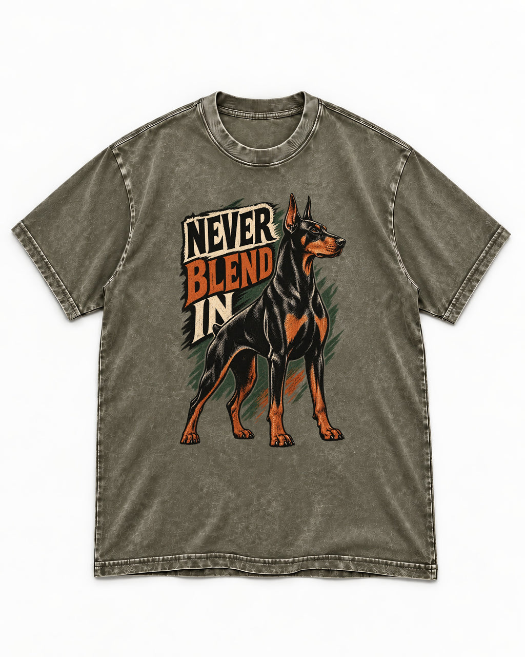 Doberman Never Blend In Brush Graphic Washed Tee in Army Green, flat lay product photo