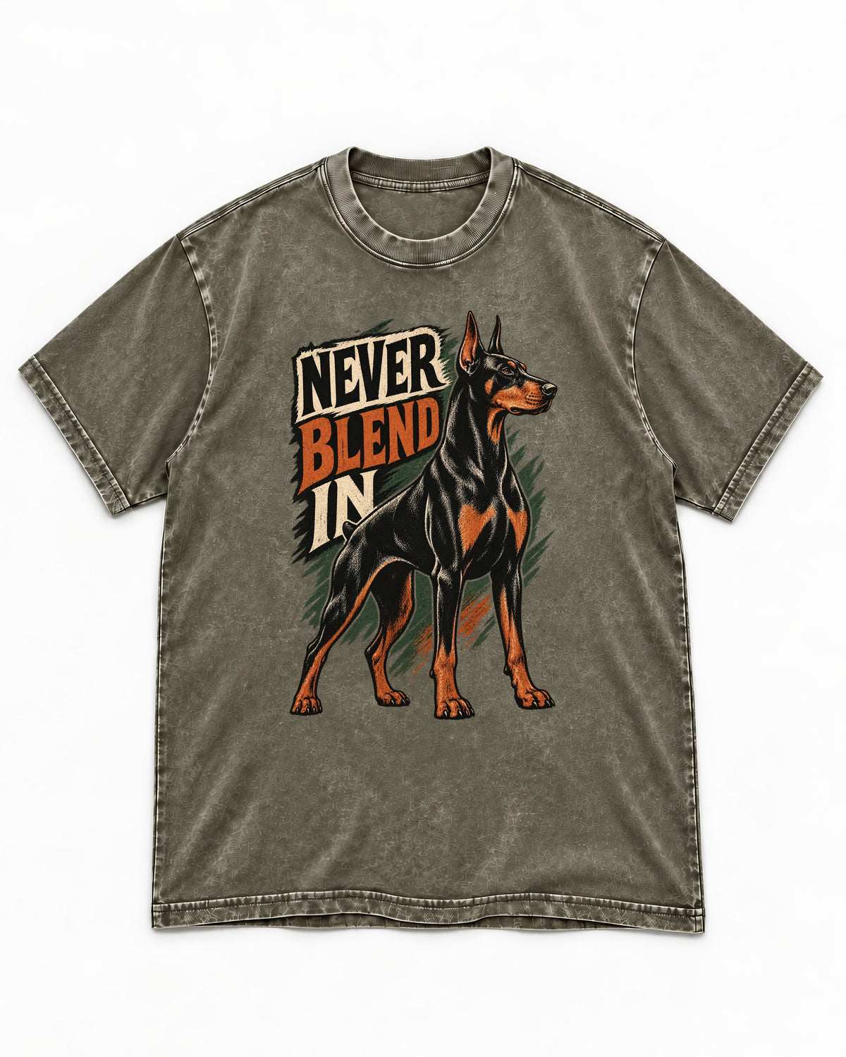 Doberman Never Blend In Brush Graphic Washed Tee in Army Green, flat lay product photo