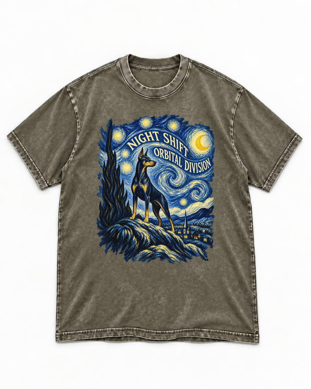 Doberman Night Shift Orbital Division Starry Night Graphic Washed Tee in Army Green, flat lay product photo