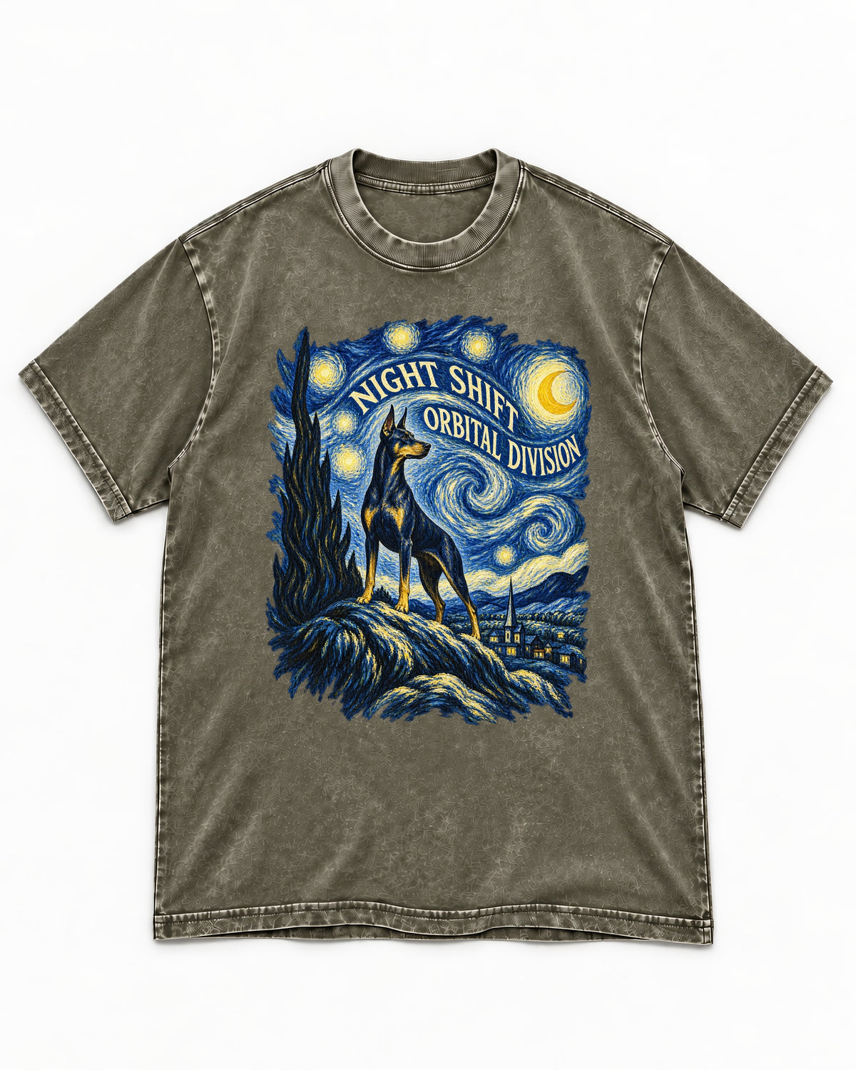Doberman Night Shift Orbital Division Starry Night Graphic Washed Tee in Army Green, flat lay product photo