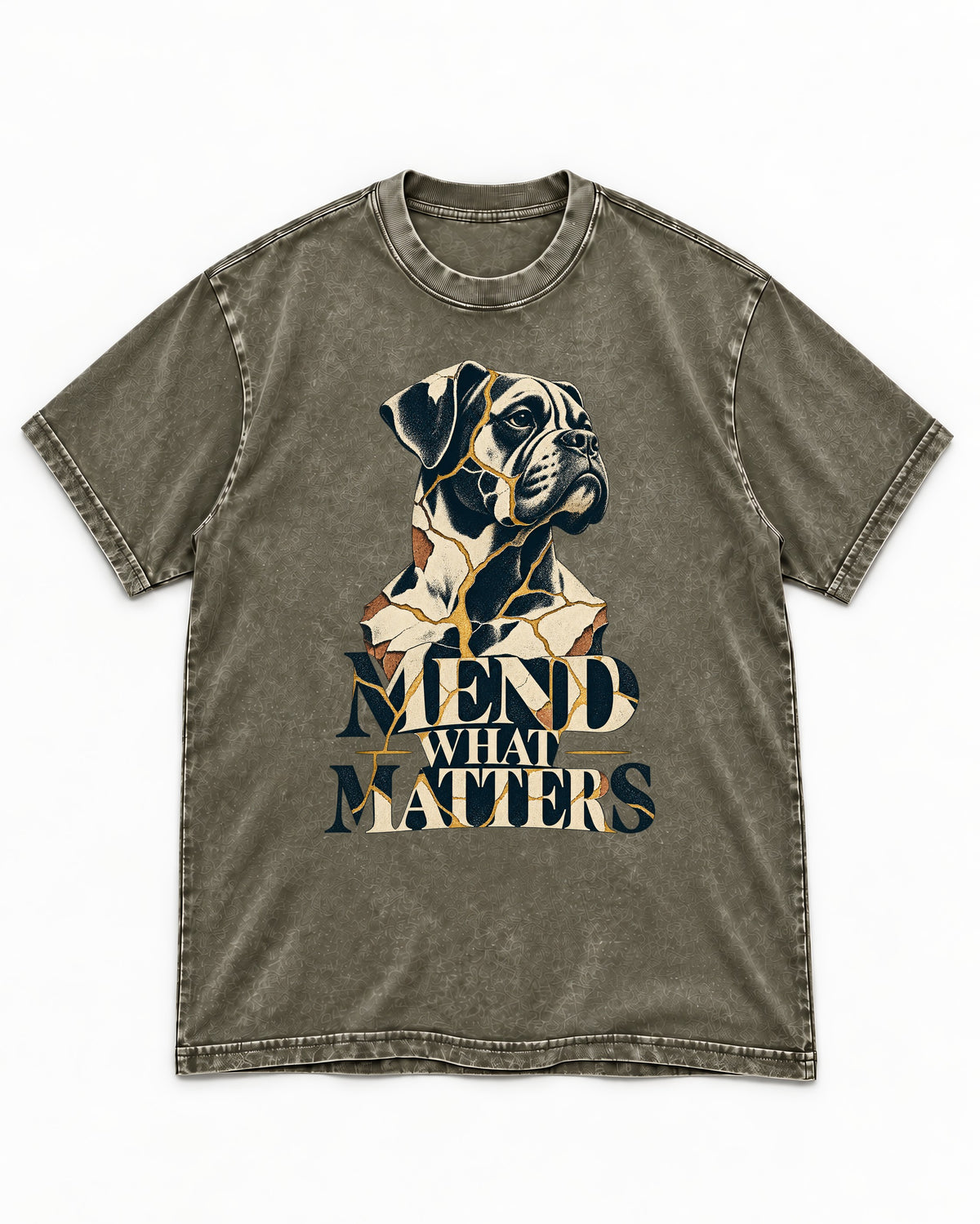 Mend What Matters Boxer Kintsugi Portrait Washed Tee in Army Green, flat lay product photo