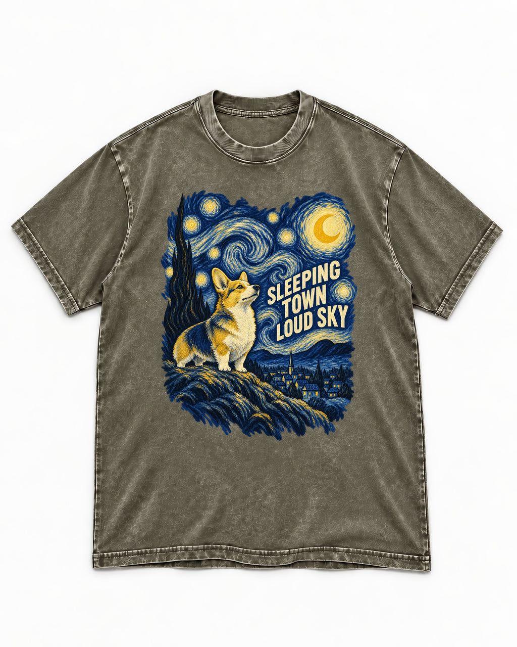Corgi Sleeping Town Loud Sky Starry Night Washed Tee in Army Green, flat lay product photo