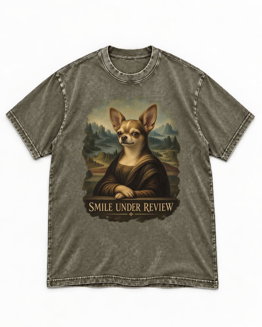 Chihuahua Smile Under Review Mona Lisa Portrait Washed Tee in Army Green, flat lay product photo