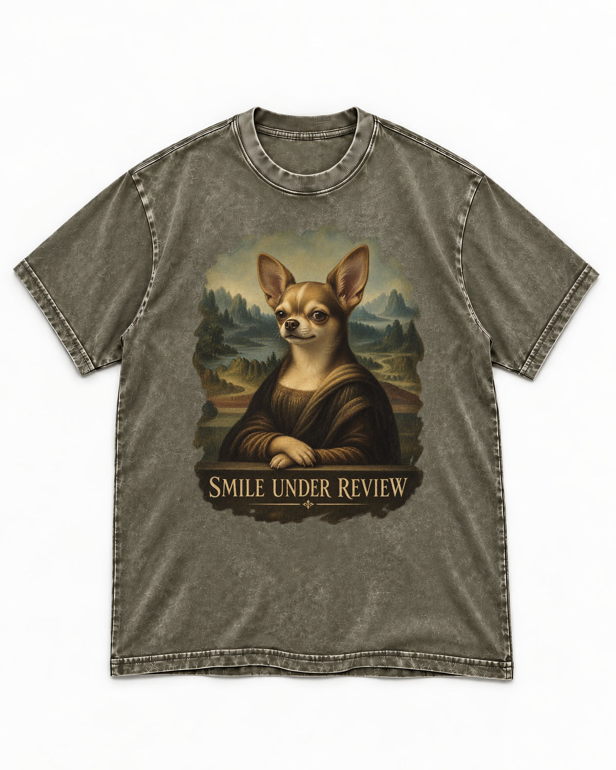 Chihuahua Smile Under Review Mona Lisa Portrait Washed Tee in Army Green, flat lay product photo