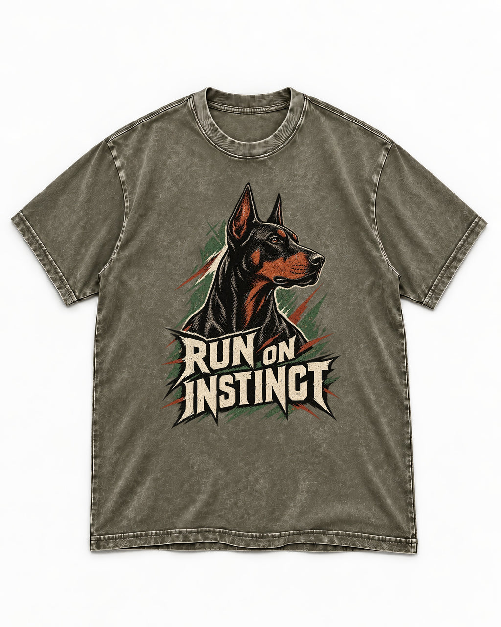 Doberman Run on Instinct Brush Slash Graphic Washed Tee in Army Green, flat lay product photo