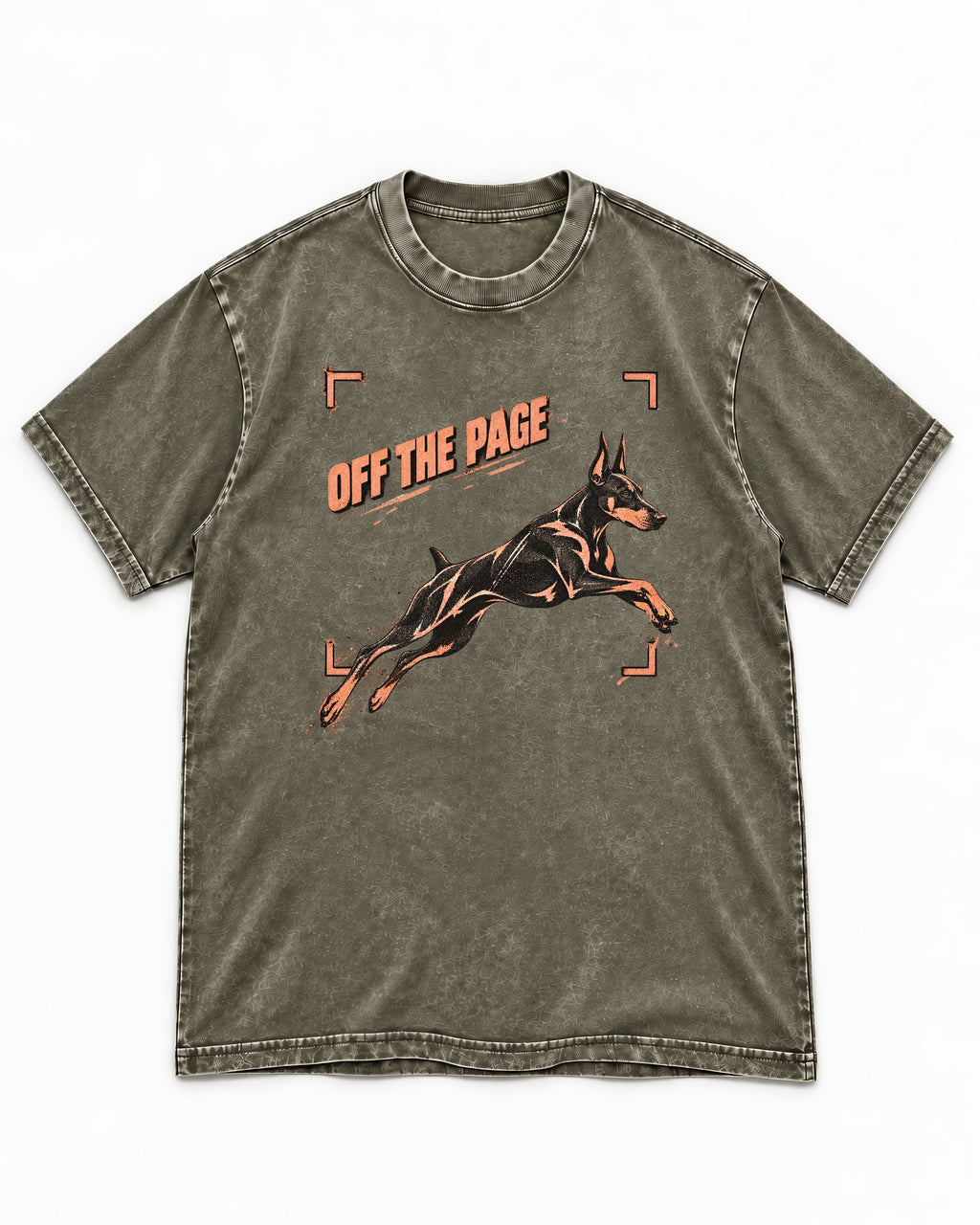 Doberman Off the Page Focus Frame Graphic Washed Tee in Army Green, flat lay product photo