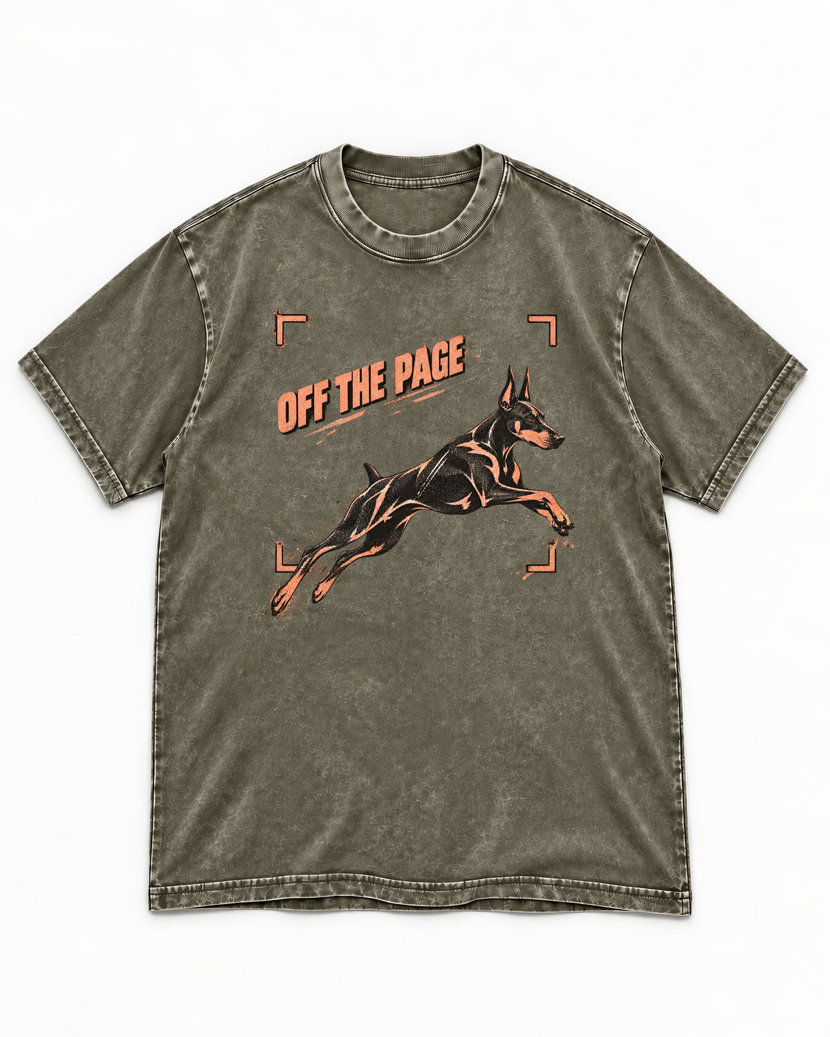 Doberman Off the Page Focus Frame Graphic Washed Tee in Army Green, flat lay product photo