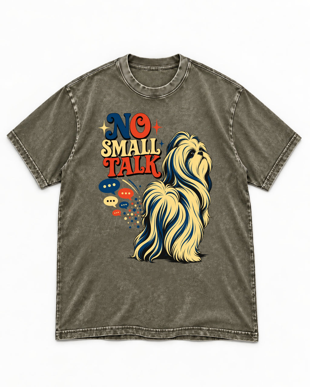 Shih Tzu No Small Talk Speech Bubble Graphic Washed Tee in Army Green, flat lay product photo