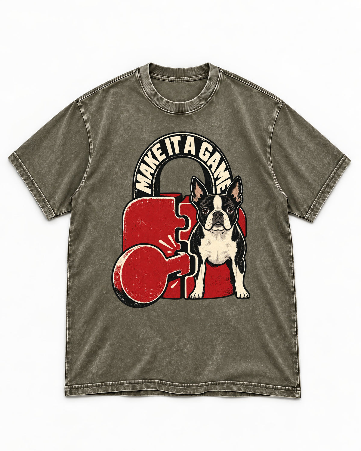 Boston Terrier Make It a Game Washed Tee in Army Green, flat lay product photo