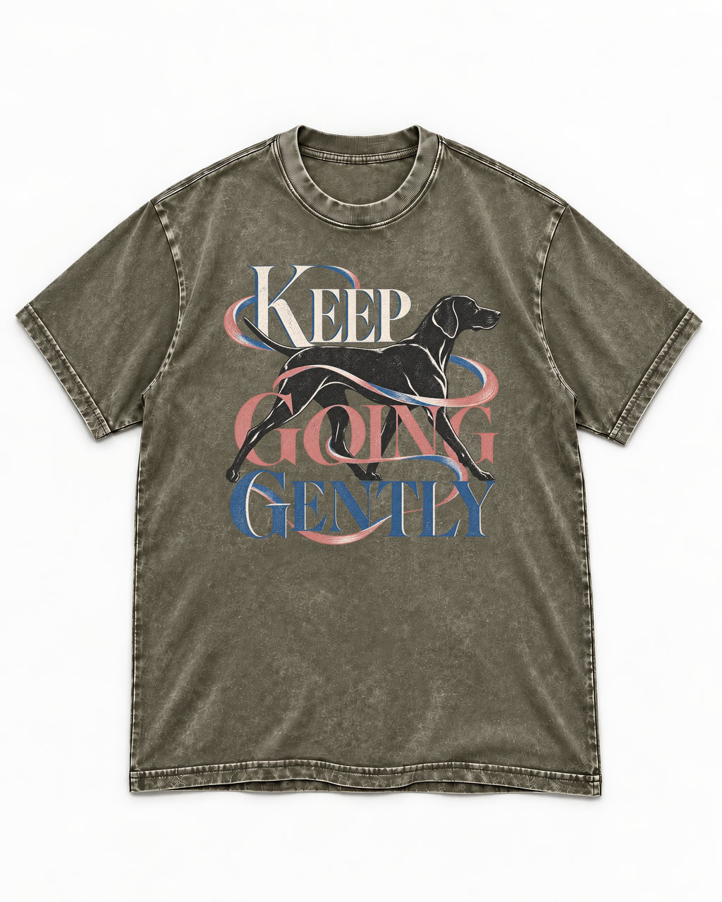 German Shorthaired Pointer Keep Going Gently Walking Graphic Washed Tee in Army Green, flat lay product photo