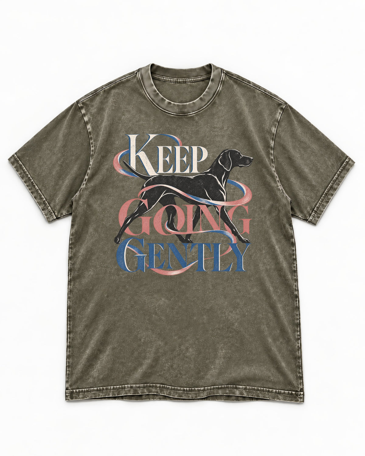 German Shorthaired Pointer Keep Going Gently Walking Graphic Washed Tee in Army Green, flat lay product photo