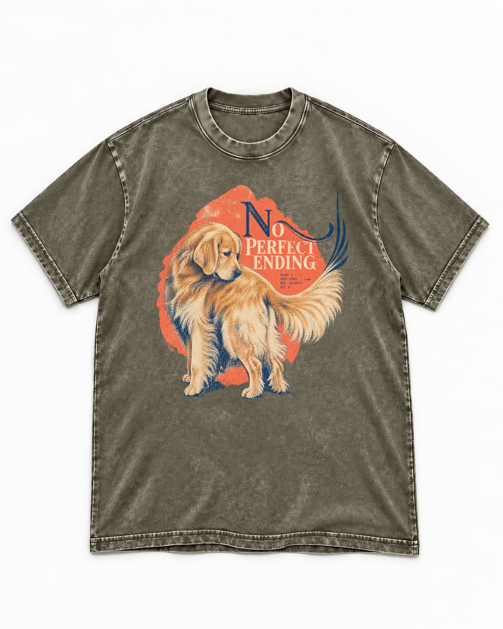Golden Retriever No Perfect Ending Misregistration Graphic Washed Tee in Army Green, flat lay product photo