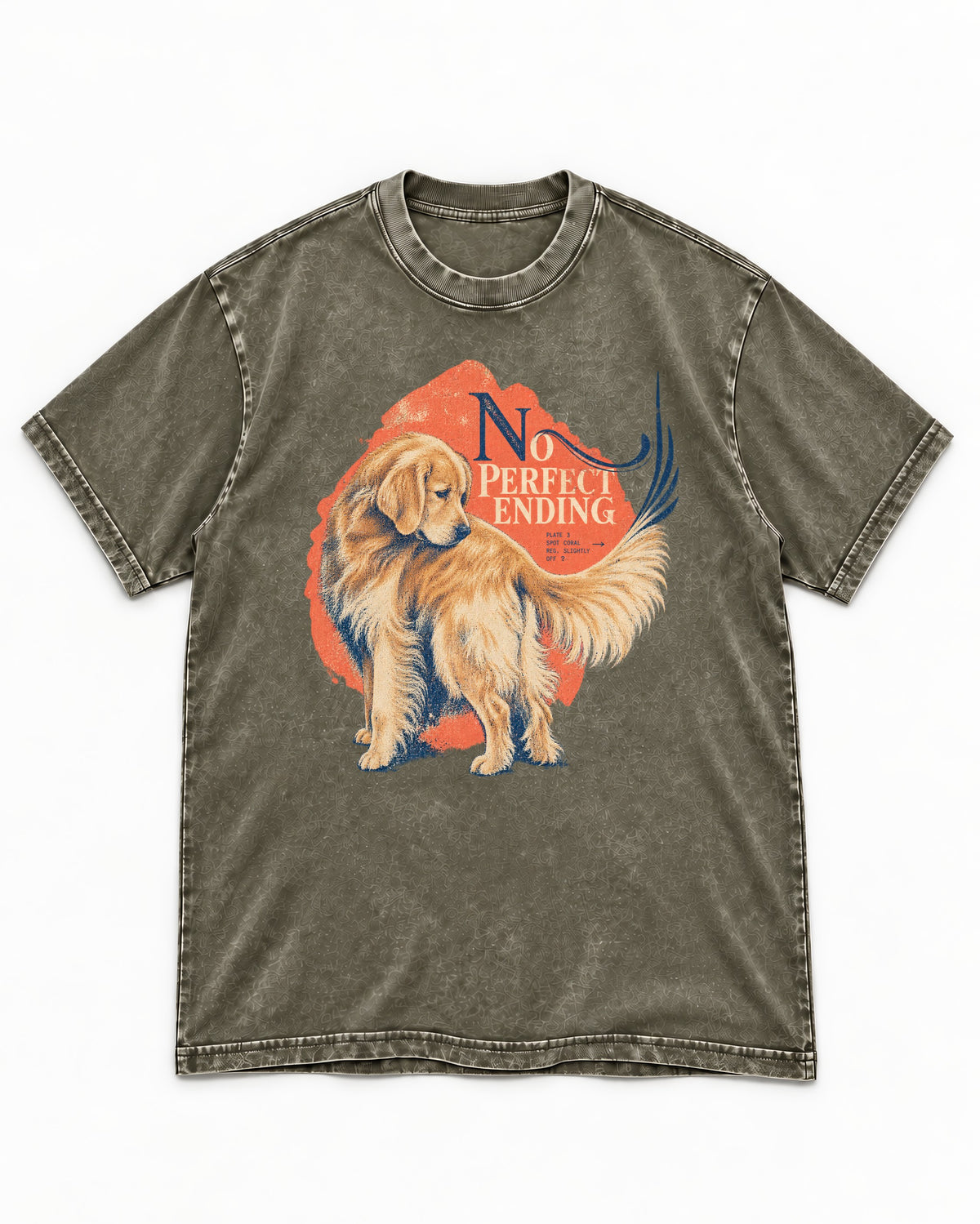 Golden Retriever No Perfect Ending Misregistration Graphic Washed Tee in Army Green, flat lay product photo