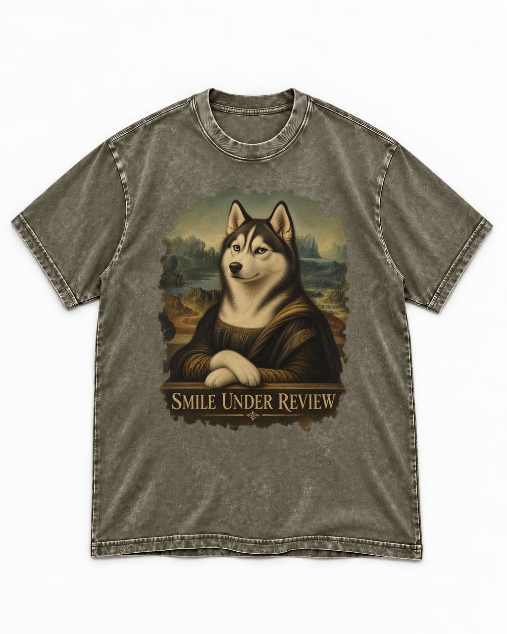 Husky Smile Under Review Renaissance Portrait Graphic Washed Tee in Army Green, flat lay product photo
