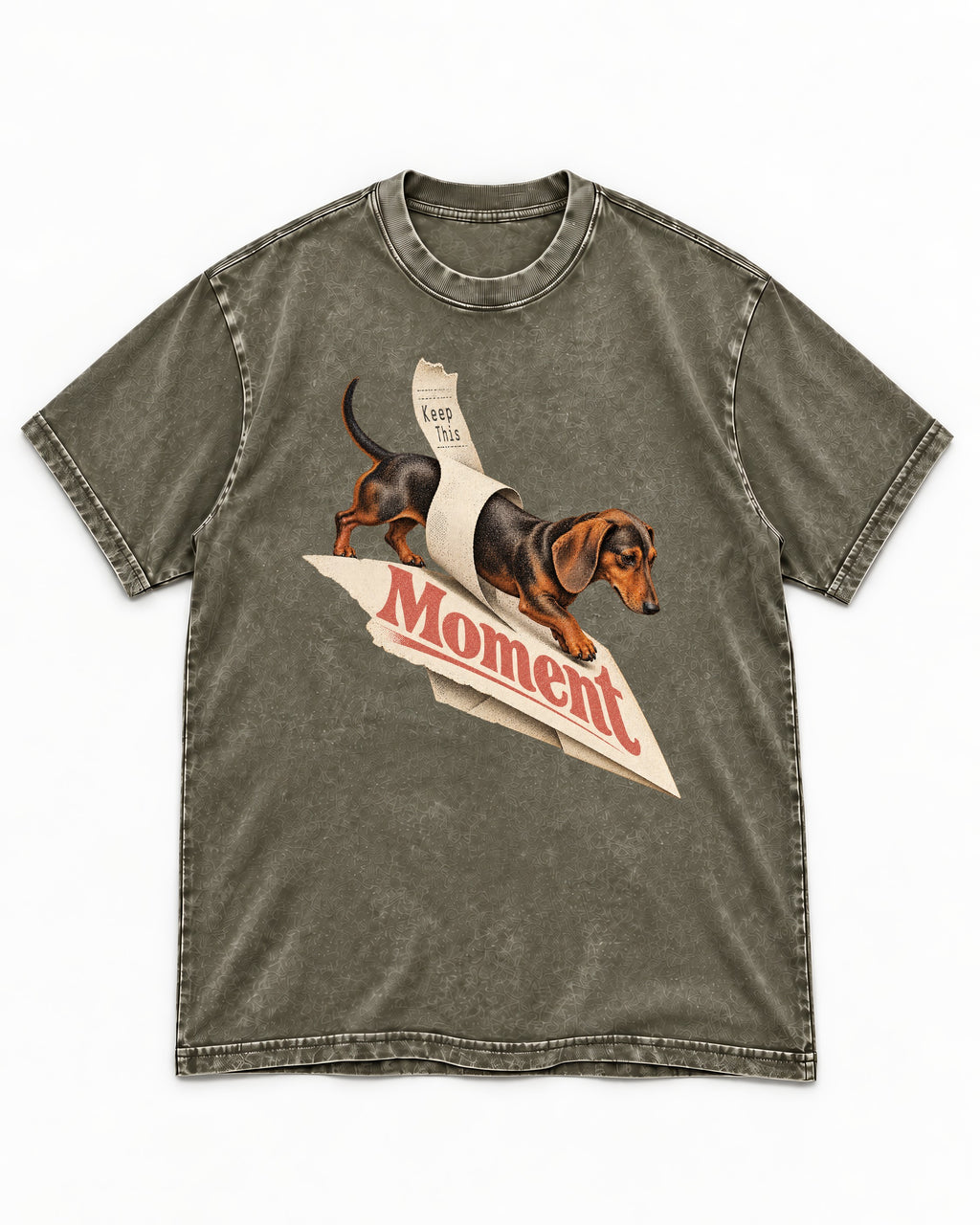 Dachshund Keep This Moment Receipt Graphic Washed Tee in Army Green, flat lay product photo