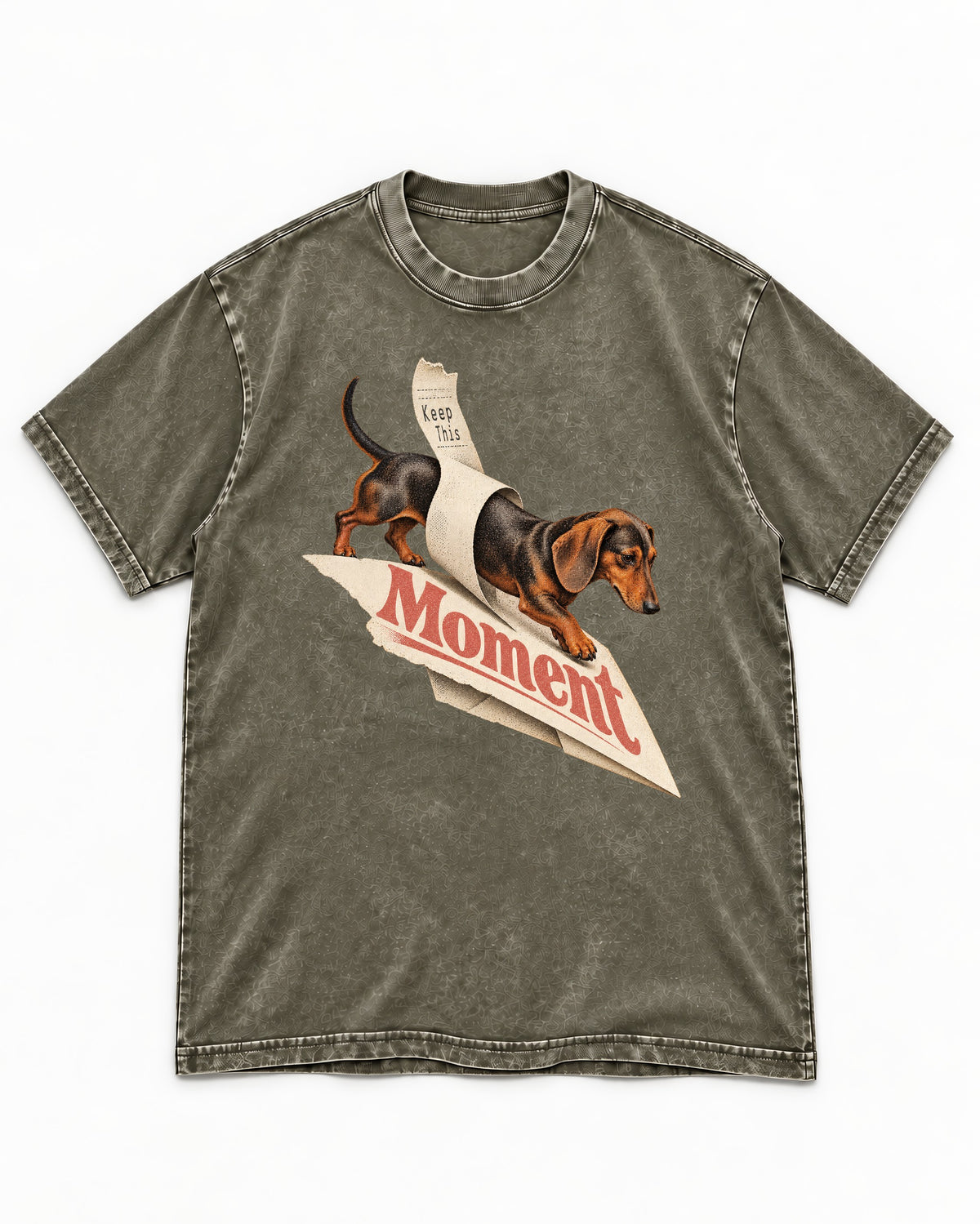 Dachshund Keep This Moment Receipt Graphic Washed Tee in Army Green, flat lay product photo
