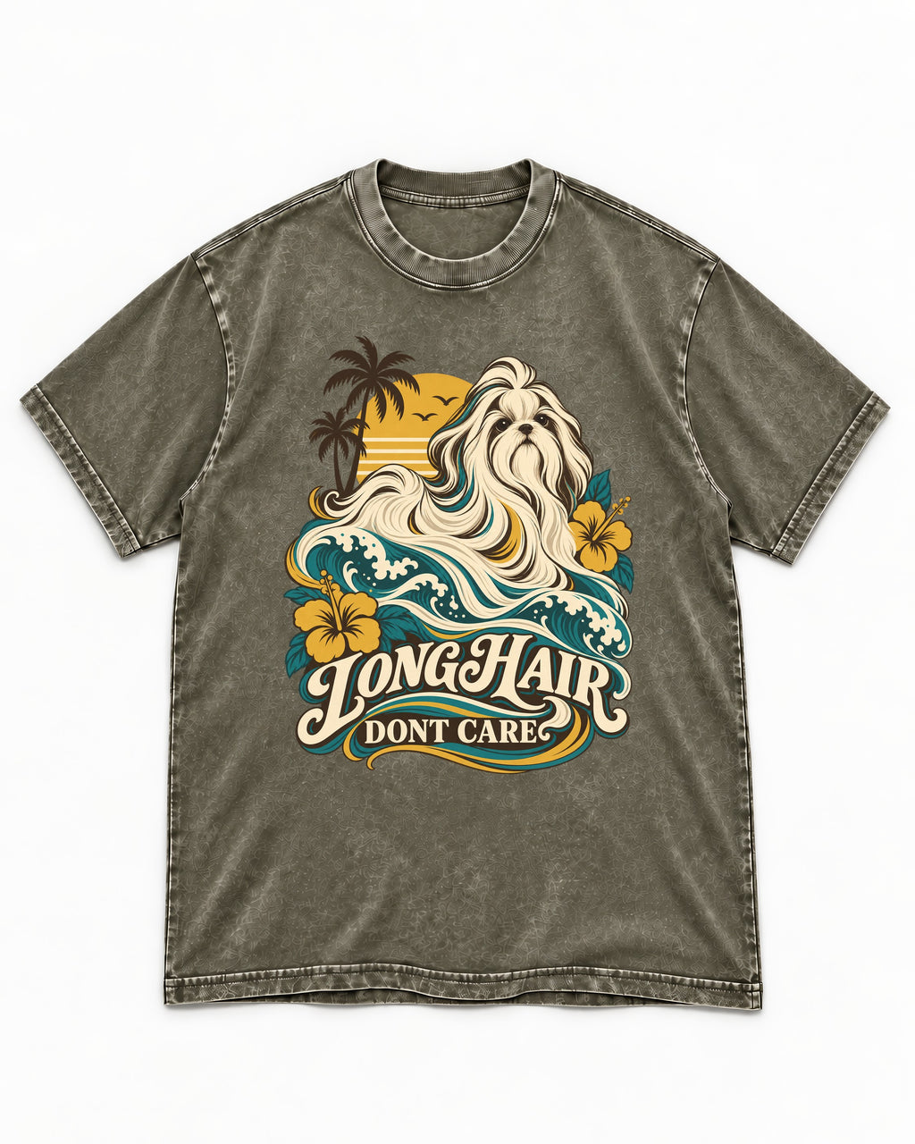 Shih Tzu Long Hair Don't Care Tropical Wave Graphic Washed Tee in Army Green, flat lay product photo