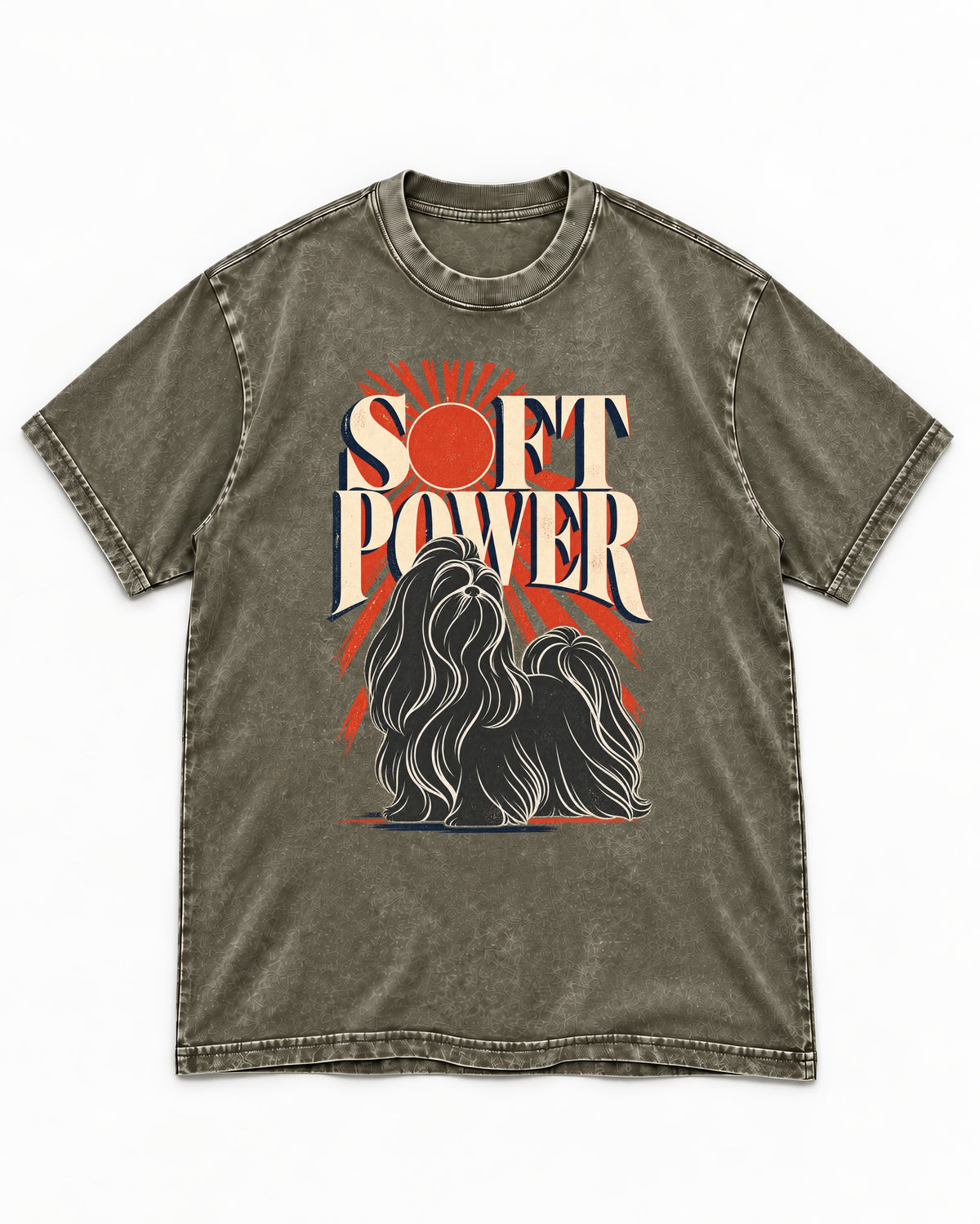 Shih Tzu Soft Power Sunburst Graphic Washed Tee in Army Green, flat lay product photo