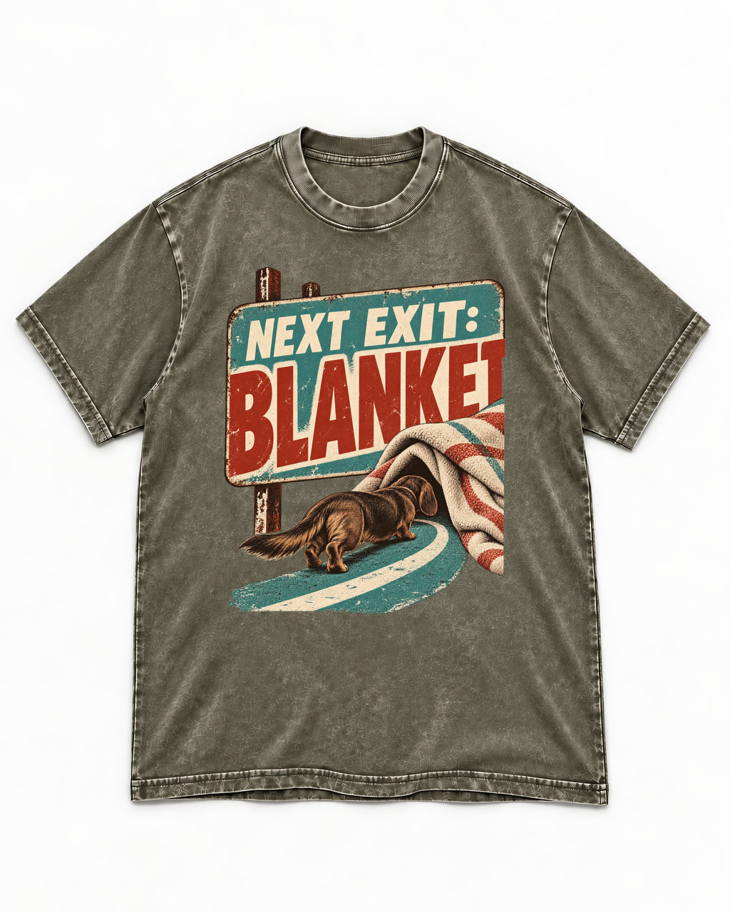 Dachshund Next Exit Blanket Road Sign Graphic Washed Tee in Army Green, flat lay product photo