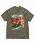 Dachshund Next Exit Blanket Road Sign Graphic Washed Tee in Army Green, flat lay product photo