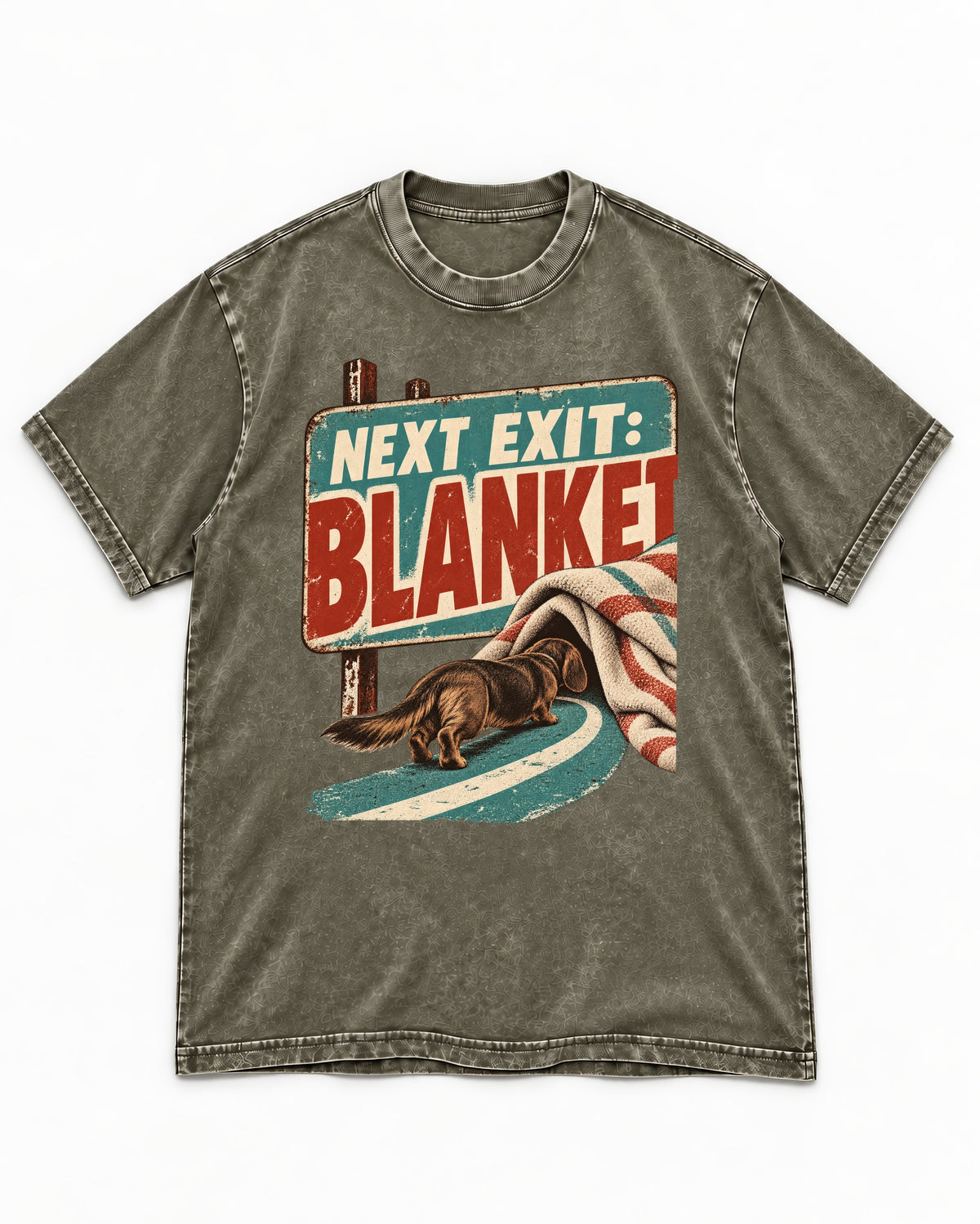 Dachshund Next Exit Blanket Road Sign Graphic Washed Tee in Army Green, flat lay product photo