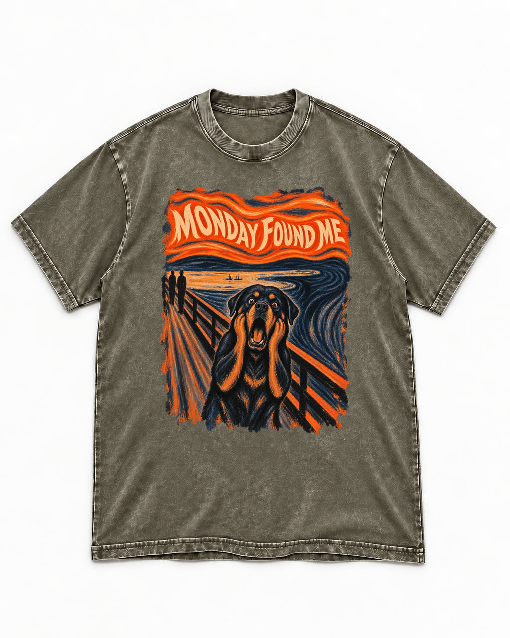 Rottweiler Monday Found Me Scream Parody Graphic Washed Tee in Army Green, flat lay product photo